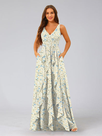 Robe de Demoiselled'Honneur à Fleurs, Coupe Trapèze/Princesse, Col en V, Sans Manches, Volants