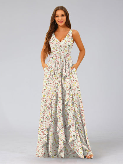 Robe de Demoiselled'Honneur à Fleurs, Coupe Trapèze/Princesse, Col en V, Sans Manches, Volants