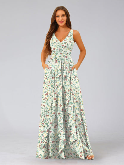 Robe de Demoiselled'Honneur à Fleurs, Coupe Trapèze/Princesse, Col en V, Sans Manches, Volants