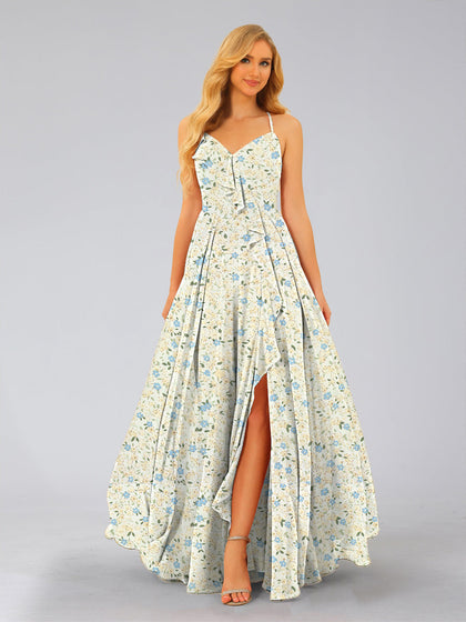 Robe de Demoiselled'Honneur Trapèze/Princesse, Col en V, Sans Manches, Fendue Sur le Côté, Motif Floral