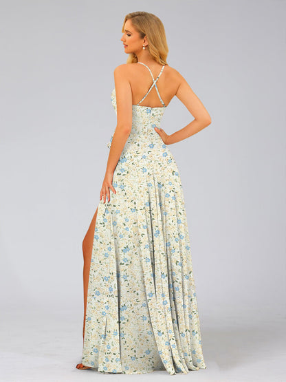 Robe de Demoiselled'Honneur Trapèze/Princesse, Col en V, Sans Manches, Fendue Sur le Côté, Motif Floral