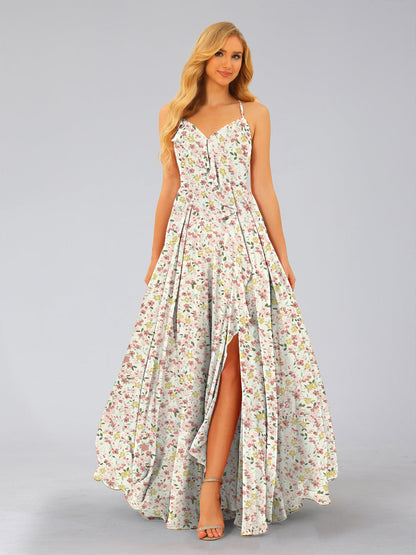Robe de Demoiselled'Honneur Trapèze/Princesse, Col en V, Sans Manches, Fendue Sur le Côté, Motif Floral