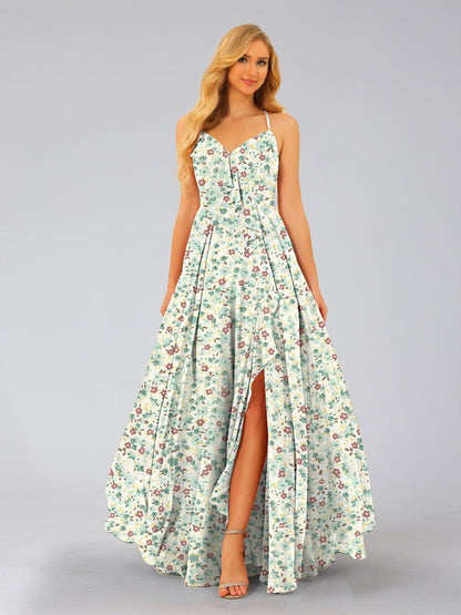 Robe de Demoiselled'Honneur Trapèze/Princesse, Col en V, Sans Manches, Fendue Sur le Côté, Motif Floral