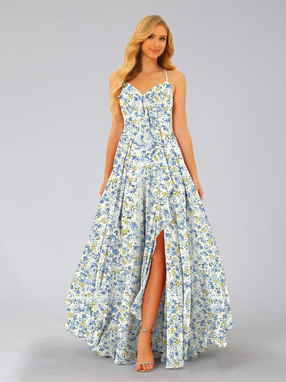 Robe de Demoiselled'Honneur Trapèze/Princesse, Col en V, Sans Manches, Fendue Sur le Côté, Motif Floral