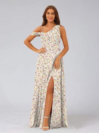 Robes de Demoiselled'Honneur Asymétriques Sans Manches, Coupe A-Line/Princesse, à Volants et à Fleurs