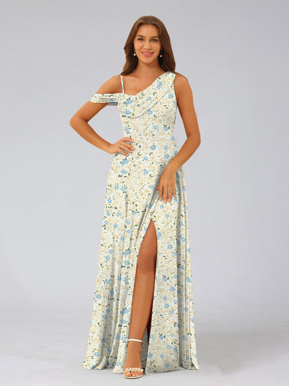 Robes de Demoiselled'Honneur Asymétriques Sans Manches, Coupe A-Line/Princesse, à Volants et à Fleurs