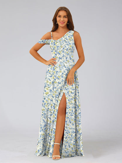 Robes de Demoiselled'Honneur Asymétriques Sans Manches, Coupe A-Line/Princesse, à Volants et à Fleurs