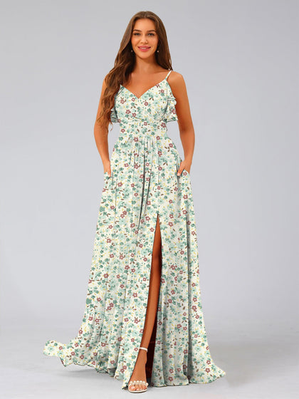 Robe de Demoiselled'Honneur à Fleurs, Coupe Trapèze/Princesse, Col en V, Sans Manches, Volants