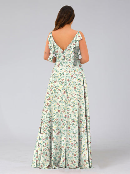 Robe de Demoiselled'Honneur à Fleurs, Coupe Trapèze/Princesse, Col en V, Sans Manches, Volants