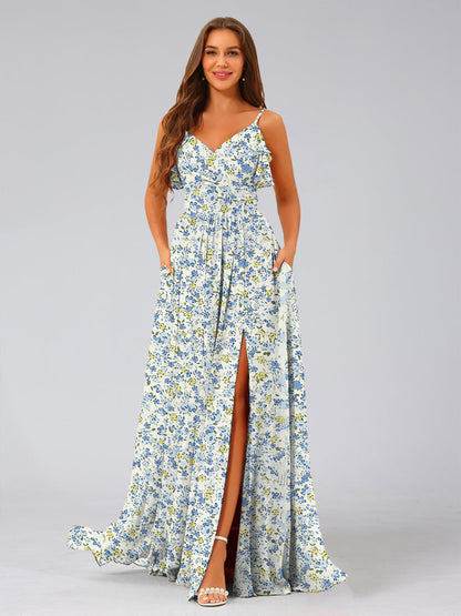 Robe de Demoiselled'Honneur à Fleurs, Coupe Trapèze/Princesse, Col en V, Sans Manches, Volants