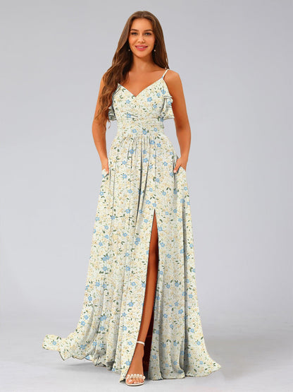 Robe de Demoiselled'Honneur à Fleurs, Coupe Trapèze/Princesse, Col en V, Sans Manches, Volants