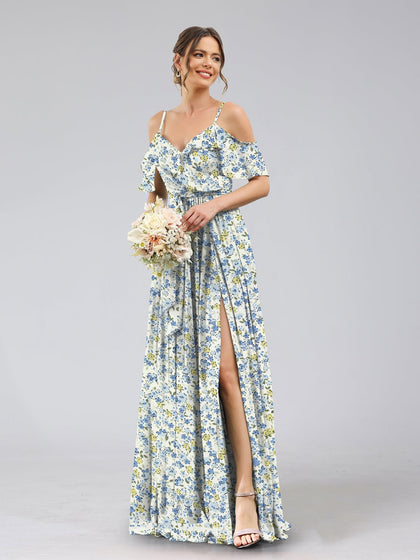 Robe de Demoiselled'Honneur Trapèze/Princesse à Épaules Dénudées et Manches Courtes avec Ceinture et Motif Floral