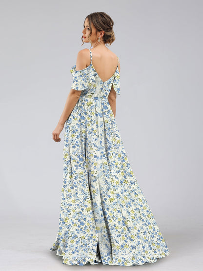 Robe de Demoiselled'Honneur Trapèze/Princesse à Épaules Dénudées et Manches Courtes avec Ceinture et Motif Floral