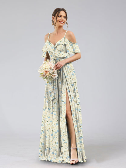 Robe de Demoiselled'Honneur Trapèze/Princesse à Épaules Dénudées et Manches Courtes avec Ceinture et Motif Floral