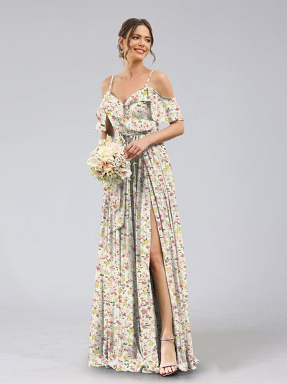 Robe de Demoiselled'Honneur Trapèze/Princesse à Épaules Dénudées et Manches Courtes avec Ceinture et Motif Floral