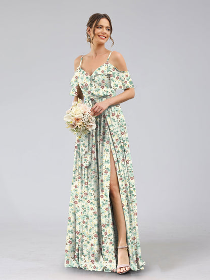 Robe de Demoiselled'Honneur Trapèze/Princesse à Épaules Dénudées et Manches Courtes avec Ceinture et Motif Floral