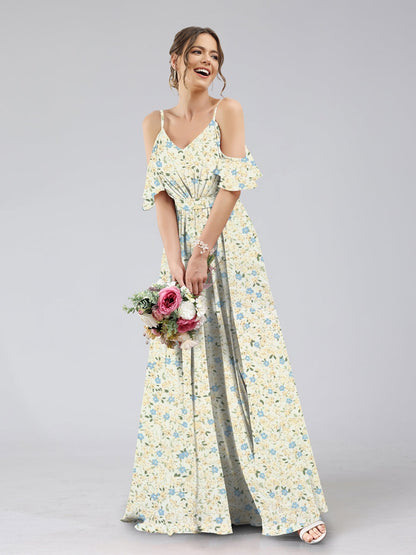 Robes de Demoiselled'Honneur à Fleurs Froncées, Coupe A-Line/Princesse, Épaules Dénudées, Manches Courtes