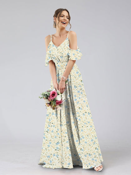 Robes de Demoiselled'Honneur à Fleurs Froncées, Coupe A-Line/Princesse, Épaules Dénudées, Manches Courtes