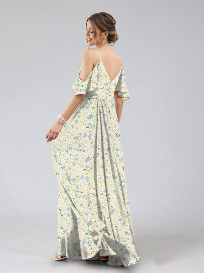 Robes de Demoiselled'Honneur à Fleurs Froncées, Coupe A-Line/Princesse, Épaules Dénudées, Manches Courtes
