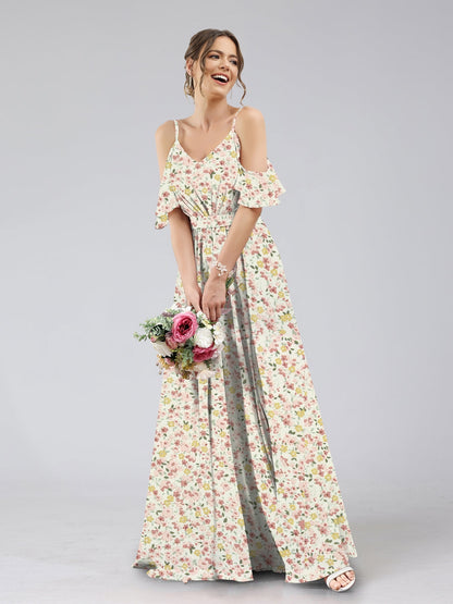 Robes de Demoiselled'Honneur à Fleurs Froncées, Coupe A-Line/Princesse, Épaules Dénudées, Manches Courtes