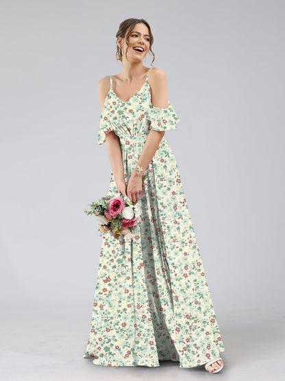 Robes de Demoiselled'Honneur à Fleurs Froncées, Coupe A-Line/Princesse, Épaules Dénudées, Manches Courtes