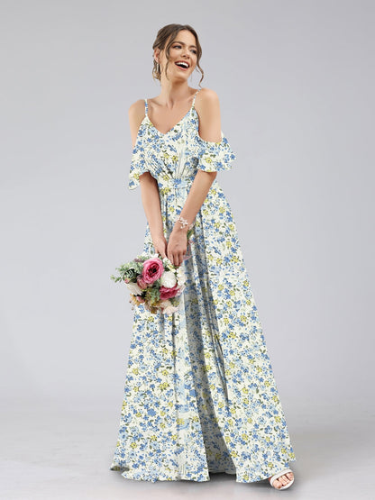 Robes de Demoiselled'Honneur à Fleurs Froncées, Coupe A-Line/Princesse, Épaules Dénudées, Manches Courtes
