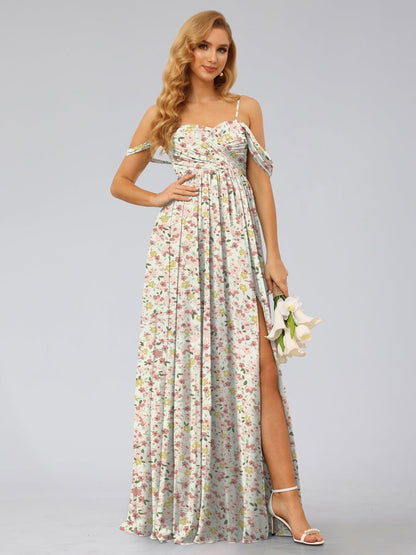 Robe de Demoiselled'Honneur Trapèze/Princesse, Épaules Dénudées, Sans Manches, Fendue Sur le Côté, Motif Floral