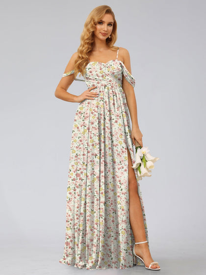Robe de Demoiselled'Honneur Trapèze/Princesse, Épaules Dénudées, Sans Manches, Fendue Sur le Côté, Motif Floral