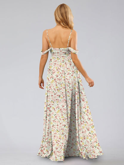 Robe de Demoiselled'Honneur Trapèze/Princesse, Épaules Dénudées, Sans Manches, Fendue Sur le Côté, Motif Floral