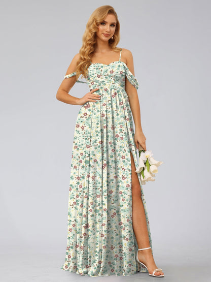 Robe de Demoiselled'Honneur Trapèze/Princesse, Épaules Dénudées, Sans Manches, Fendue Sur le Côté, Motif Floral