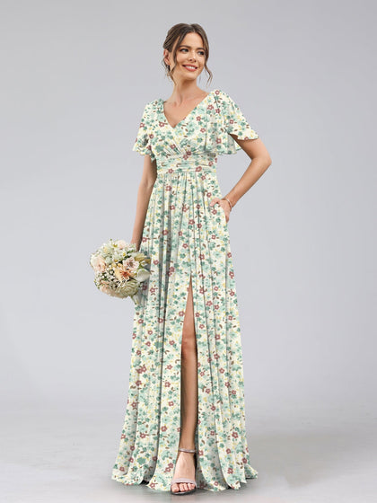 Robe de Demoiselled'Honneur Trapèze/Princesse à Col en V et Manches Courtes, Motif Floral Fendu Sur le Côté