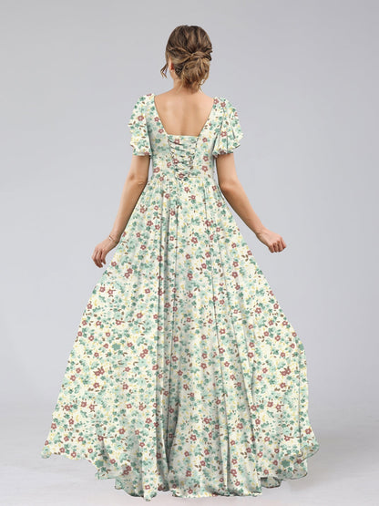 Robe de Demoiselled'Honneur Trapèze/Princesse à Col en V et Manches Courtes, Motif Floral Fendu Sur le Côté