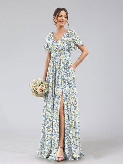 Robe de Demoiselled'Honneur Trapèze/Princesse à Col en V et Manches Courtes, Motif Floral Fendu Sur le Côté