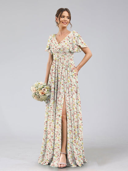Robe de Demoiselled'Honneur Trapèze/Princesse à Col en V et Manches Courtes, Motif Floral Fendu Sur le Côté
