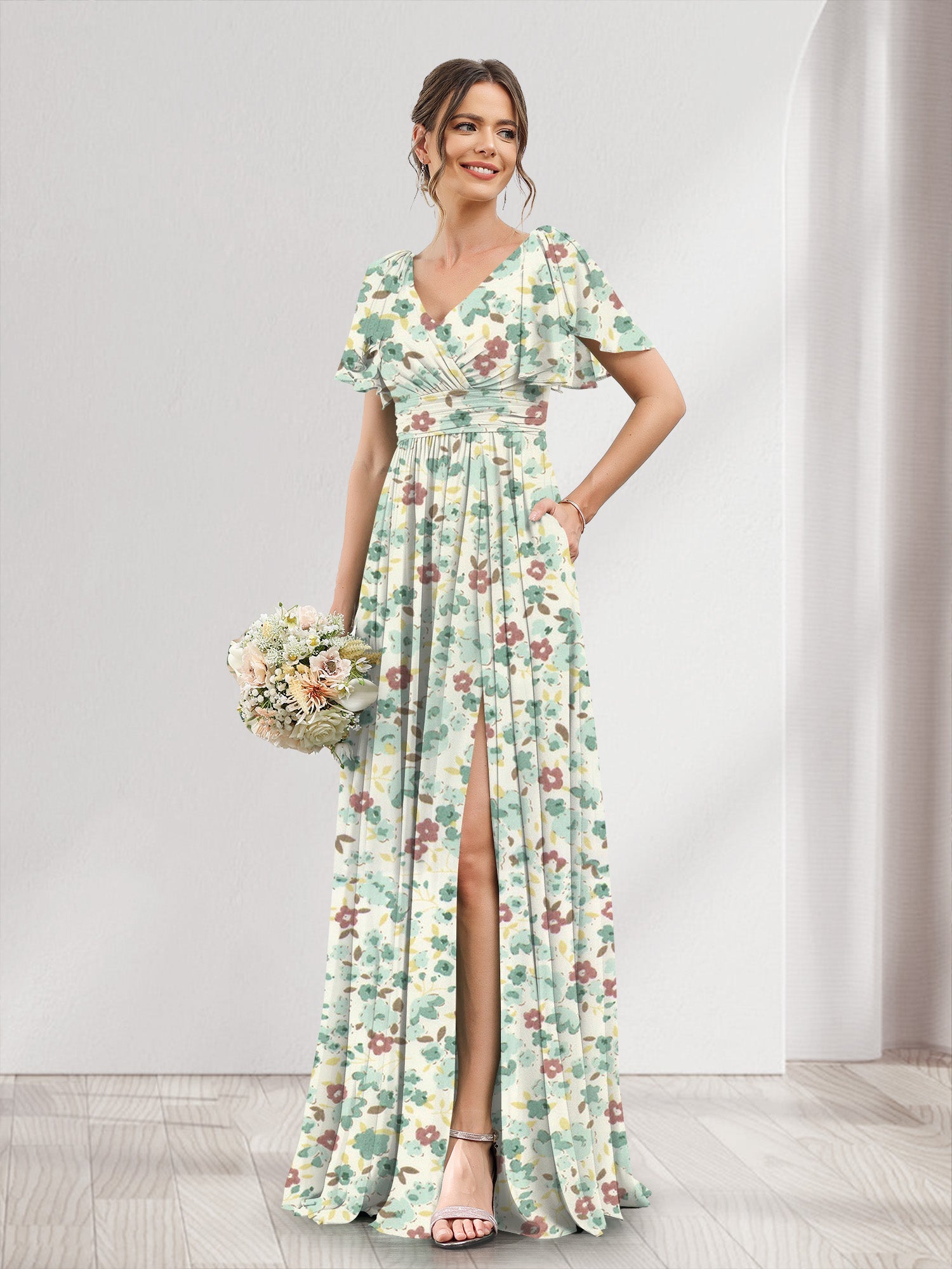Robe de Demoiselled'Honneur Trapèze/Princesse à Col en V et Manches Courtes, Motif Floral Fendu Sur le Côté