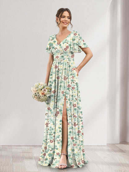 Robe de Demoiselled'Honneur Trapèze/Princesse à Col en V et Manches Courtes, Motif Floral Fendu Sur le Côté