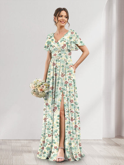 Robe de Demoiselled'Honneur Trapèze/Princesse à Col en V et Manches Courtes, Motif Floral Fendu Sur le Côté