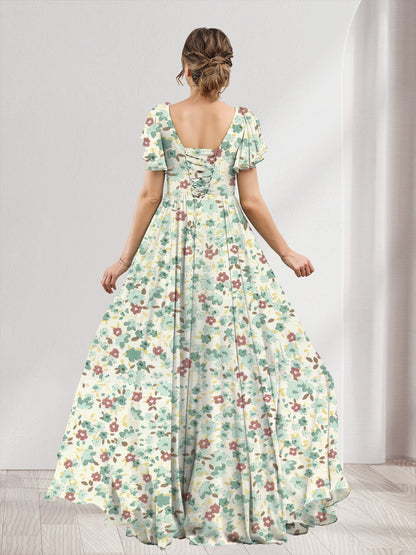 Robe de Demoiselled'Honneur Trapèze/Princesse à Col en V et Manches Courtes, Motif Floral Fendu Sur le Côté