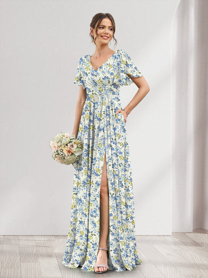 Robe de Demoiselled'Honneur Trapèze/Princesse à Col en V et Manches Courtes, Motif Floral Fendu Sur le Côté