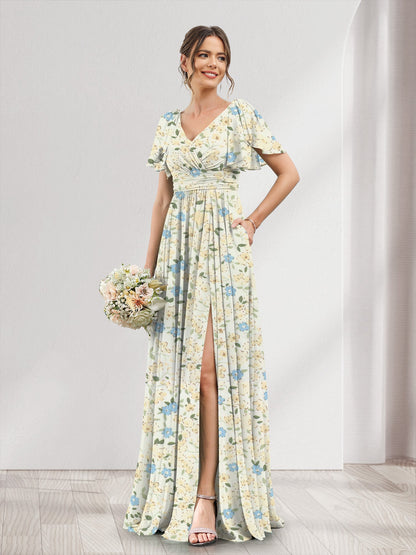 Robe de Demoiselled'Honneur Trapèze/Princesse à Col en V et Manches Courtes, Motif Floral Fendu Sur le Côté