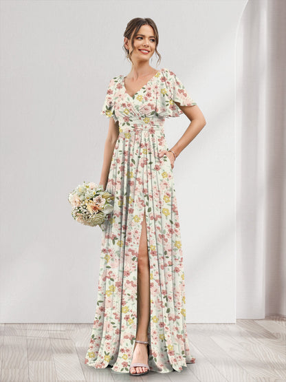 Robe de Demoiselled'Honneur Trapèze/Princesse à Col en V et Manches Courtes, Motif Floral Fendu Sur le Côté