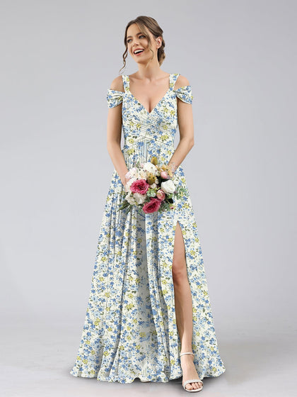 Robe de Demoiselled'Honneur Trapèze/Princesse, Épaules Dénudées, Manches Courtes, Fendue Sur le Côté, Motif Floral.