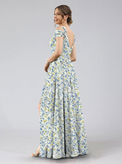 Robe de Demoiselled'Honneur Trapèze/Princesse, Épaules Dénudées, Manches Courtes, Fendue Sur le Côté, Motif Floral.