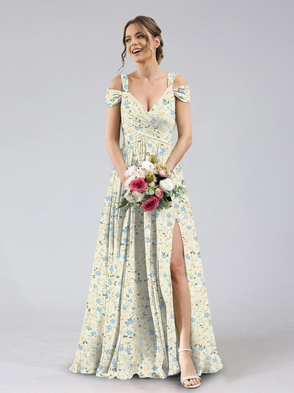 Robe de Demoiselled'Honneur Trapèze/Princesse, Épaules Dénudées, Manches Courtes, Fendue Sur le Côté, Motif Floral.