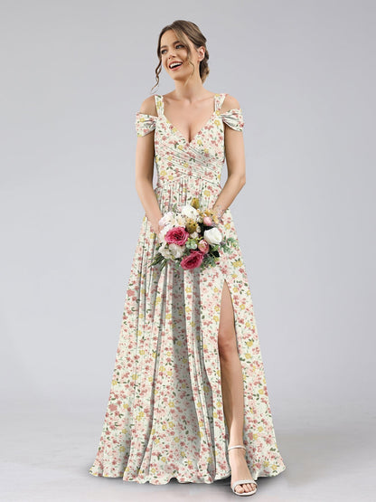 Robe de Demoiselled'Honneur Trapèze/Princesse, Épaules Dénudées, Manches Courtes, Fendue Sur le Côté, Motif Floral.