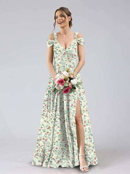 Robe de Demoiselled'Honneur Trapèze/Princesse, Épaules Dénudées, Manches Courtes, Fendue Sur le Côté, Motif Floral.