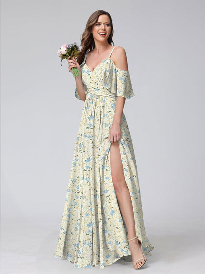 Robes de Demoiselled'Honneur à Fleurs Froncées, Coupe A-Line/Princesse, Épaules Dénudées, Manches Courtes
