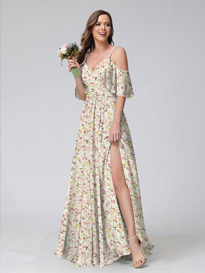 Robes de Demoiselled'Honneur à Fleurs Froncées, Coupe A-Line/Princesse, Épaules Dénudées, Manches Courtes