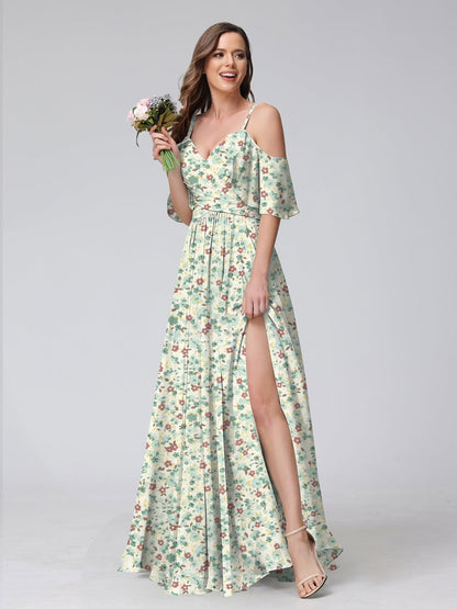 Robes de Demoiselled'Honneur à Fleurs Froncées, Coupe A-Line/Princesse, Épaules Dénudées, Manches Courtes