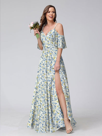 Robes de Demoiselled'Honneur à Fleurs Froncées, Coupe A-Line/Princesse, Épaules Dénudées, Manches Courtes